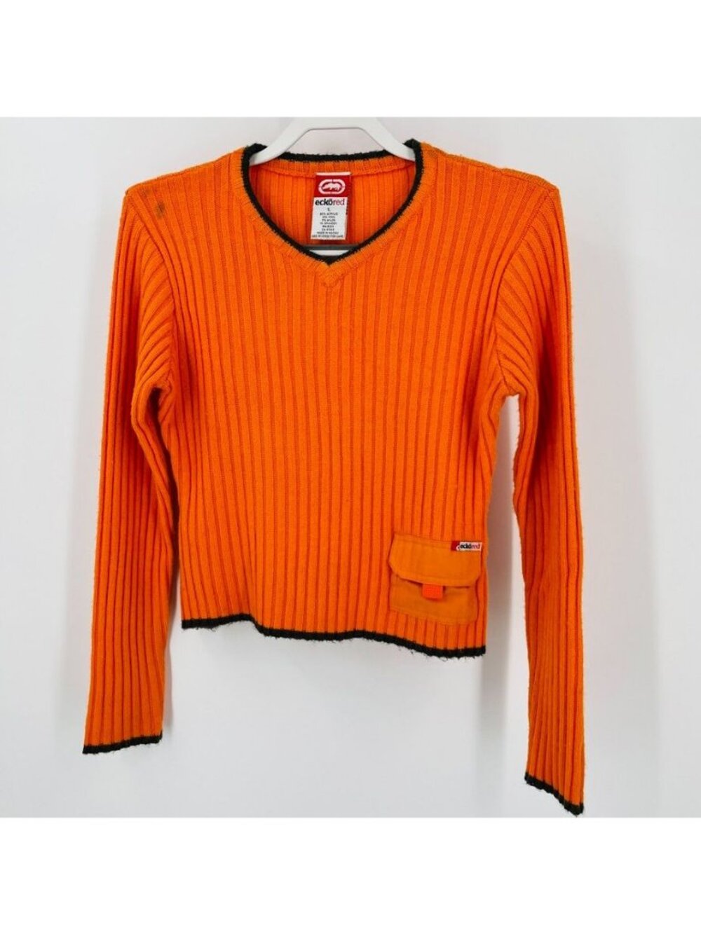 Ecko Red ladies Cropped Sweater Size L Ribbed, Pocket Accent Orange